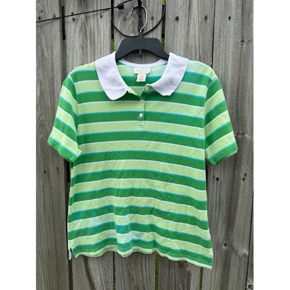 Preppy Studio Works Polo Shirt Womens Large Green Striped Cotton Top